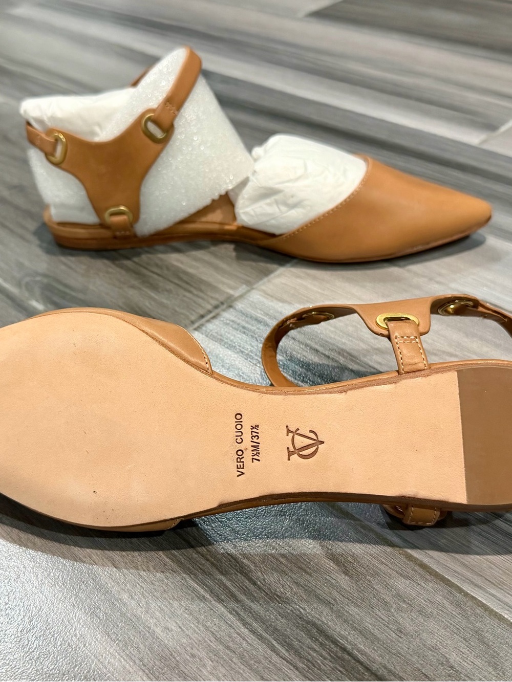 Vince Camuto Signature VI-Carmin Camel Leather D'Orsay Flats with Gold Rings